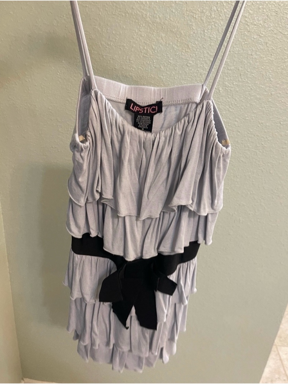 Lipstick Boutique Light Gray Ruffle Dress with Black Waist Bow